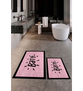 EVDEYA Baskılı Yıkanabilir Çerçeveli Bath Yazılı İkili Banyo Halısı Paspas Klozet Takımı, KLOZET-10-BEYAZ, (Pembe)