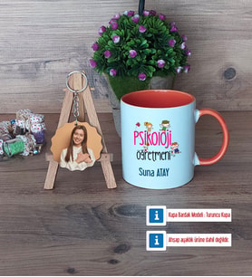 Psikoloji Öğretmeni Kupa Bardak Beyaz ve Fotoğraflı Ahşap Anahtarlık Hediye (Model 13)