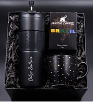 Kişiye Özel 450 ML Siyah French Press Çelik Termos & Yıldız Desenli Siyah Mat Kupa & Alerya Filtre Kahve Hediye Seti (Model 2)