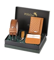 Polo Air Dama Desen Cüzdan Kendinden Kartlık Kemer Anahtarlık Kombin HM-13 (Taba)