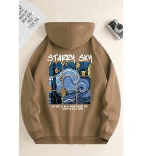 Starry Sky Baskılı Unisex Oversize Sweatshirt (Bej)