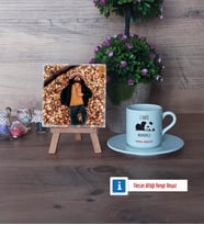 Sevimli Panda Fotoğraflı Dekoratif Taş, Ahşap Altlıklı Türk Kahvesi Fincanı Hediye (Model 2)