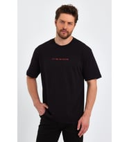 Erkek Baskılı Basic Oversize Bisiklet Yaka Kısa Kollu T-shirt (Siyah)