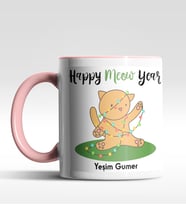 Kişiye Özel Happy Meow Year Kedi Tasarımlı Siyah Kupa (Pembe)