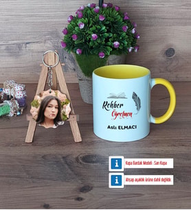 Rehber Öğretmen Kupa Bardak Beyaz ve Fotoğraflı Ahşap Anahtarlık Hediye (Model 7)