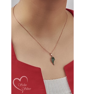 YAPRAK KOLYE YEŞİL TAŞLI GOLD-ROSE-GÜMÜŞ RENK 925 AYAR GÜMÜŞ KOLYE (Rose)