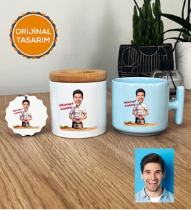 Kişiye Özel Karikatürlü Aşçı Hediye Seti Pastel T Kupa, Kalemlik, Anahtarlık Erkek Aşçıya Hediye (Mavi)