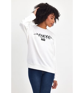 Kadın Bisiklet Yaka Rahat Kalıp 3 iplik Kalın Tokyo Baskılı  Sweatshirt SPR24SWk30 (Ekru)