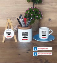 Erkek Öğretmene Hediye Hediye Sepeti Kalemlik, Türk Kahvesi Fincanı Kırmızı, Ahşap Anahtarlık Hediye (Model 3)