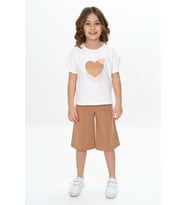 Toontoy Kız Çocuk Garni Kalp Baskılı Kaprili Takım (Kahverengi)