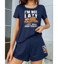 AMOR FACE ÖZEL TASARIM YÜKSEK KALİTE KUMAŞ BASKILI YAZLIK KADIN/KIZ ŞORT T-SHIRT ALT ÜST TAKIM (Lacivert)