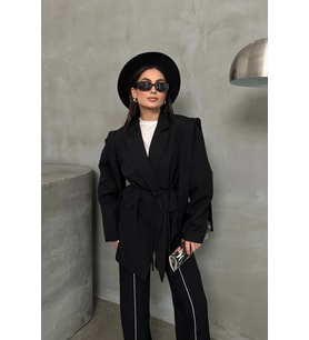 Kadın Oversize Blazer Ceket Kuşaklı Omuz Detaylı (Siyah)