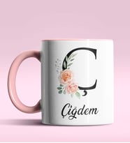 Kişiye Özel Ç Harfi Temalı Gül Tasarım Siyah Renk Kupa (Pembe)
