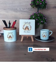 Baykuş Hediye Seti Dekoratif Taş, Kalemlik, Ahşap Altlıklı Türk Kahvesi Fincanı Hediye (Model 7)