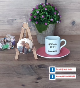 Dedeye Hediye Türk Kahvesi Fincanı Ahşap Altlıklı ve Fotoğraflı Ahşap Anahtarlık Hediye (Model 6)