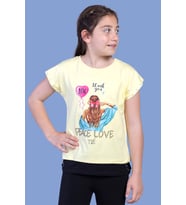 Toontoy Kız Çocuk Garni Detaylı Taş İşlemeli Baskılı Tişört (Sarı)