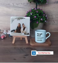 Arkadaşa Hediye Fotoğraflı Dekoratif Taş, Ahşap Altlıklı Türk Kahvesi Fincanı Hediye (Model 1)