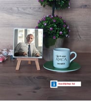 Amcaya Hediye Fotoğraflı Dekoratif Taş, Ahşap Altlıklı Türk Kahvesi Fincanı Hediye (Model 9)