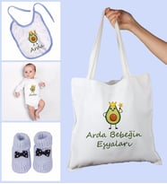 eJOYA Bebeklere Özel Çantasında Kişiye Özel Zıbın Önük Ve Patik Bebek Hediye Seti 109757 (Mavi)