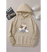 Meow Tatlı Kediler Baskılı Oversize Sweatshirt (Bej)