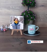 Matematik Öğretmeni Fotoğraflı Dekoratif Taş, Ahşap Altlıklı Türk Kahvesi Fincanı Hediye (Model 7)