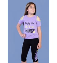 Toontoy Kız Çocuk Kolları Şerit Detaylı Baskılı Taytlı Takım (Lila)