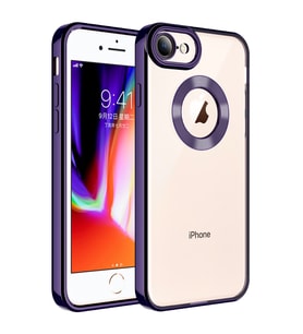 Apple iPhone SE 2020 Kılıf Logo Yeri Açık Kamera Lens Korumalı Renkli Kenarlı Şeffaf Silikon (Mor)