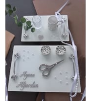 Adore Gümüş Beyaz İncili Söz Tepsisi Nişan Tepsisi ve Damat Kahve Fincan Tepsisi (Gri)
