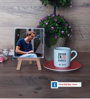 Erkek Kardeş Fotoğraflı Dekoratif Taş, Ahşap Altlıklı Türk Kahvesi Fincanı Hediye (Model 8)