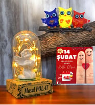 Sevgiliye Hediye  İsimli Beyaz Melekli Fanus & Tatlı Baykuşlar Magnet  Led Işıklı (Gold)