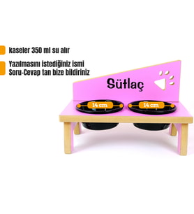 Özel İsimli Seramik Kaplı Kedi-Köpek Mama ve Su Kabı Standı / SİYAH (Pembe)