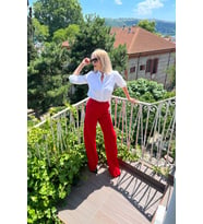 By Helinavşar Retro Palazzo Pantolon-Saks (Kırmızı)