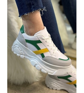 Günlük Kadın Sneaker Yüksek Taban Bağcıklı Tiger Şeritli Spor Ayakkabı 032 (Yeşil-Sarı )