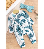 Yaprak Desenli Önden Çıt Çıtlı Bandanalı Kız Bebek Tulum (Yeşil)