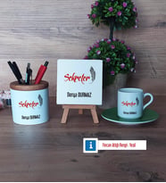 Sekretere Hediye Hediye Seti Dekoratif Taş, Kalemlik, Ahşap Altlıklı Türk Kahvesi Fincanı Hediye (Model 9)