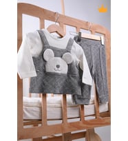 Babyhola Ayıcık Figürlü Erkek Kız Bebek Uzun Kollu Body Pantolon 2'li Alt Üst Takım 13569 (Gri)
