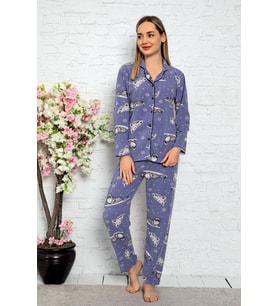 Bayan Kışlık Welsoft Peluş İnci Polar Düğmeli Pijama Takımı 'İpeksi Doku' (İndigo Mavi)