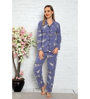 Bayan Kışlık Welsoft Peluş İnci Polar Düğmeli Pijama Takımı 'İpeksi Doku' (İndigo Mavi)