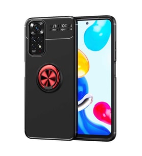 Xiaomi Redmi Note 11 Global Kılıf Yüzüklü Magnetli Ravel Case Kapak (Siyah-Kırmızı)
