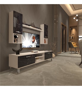 Decoraktiv Eko 5da Mdf Dvd Krom Ayaklı Tv Ünitesi Tv Sehpası (Beyaz - Siyah Mermer)