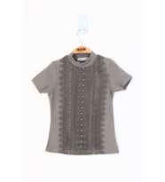 Toontoy Kız Çocuk Önü Dantelli İnci Detaylı T-Shirt (Gri)