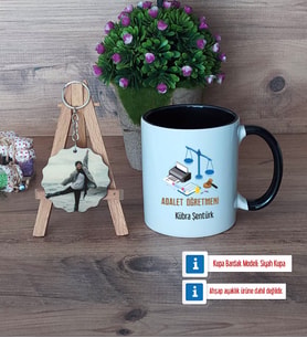 Adalet Öğretmeni Kupa Bardak Beyaz ve Fotoğraflı Ahşap Anahtarlık Hediye (Model 11)