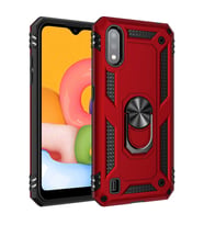 Samsung Galaxy A01 Uyumlu Kılıf Standlı Manyetik Yüzüklü Military Magnetic Ring Polycarbonate and TPU Case (Kırmızı)