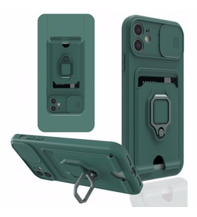 Uyumlu Model Apple iPhone 12 Kılıf Kartlıklı Magnetli Lens Kapatmalı (Yeşil)
