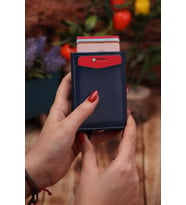 Suni Deri Unisex Mekanizmalı Vegan Deri Kartlık Cüzdan Portföy (Lacivert)