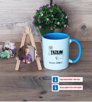Yazılım Mühendisi Kupa Bardak Beyaz ve Fotoğraflı Ahşap Anahtarlık Hediye (Model 4)