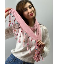 AHŞAP BONCUKLU PENYE KADIN FULAR BOYUN ŞALI 160X40 CM (Açık Pembe)