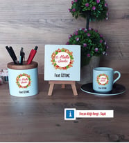 Yılbaşı Hediyesi Hediye Seti Dekoratif Taş, Kalemlik, Ahşap Altlıklı Türk Kahvesi Fincanı Hediye (Model 7)