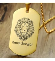 Kişiye Özel İsimli Künye Çelik Kolye Plaka Aslan Baskılı Kolye Tasarım (Gold)