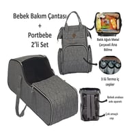 Miniklife Lüx Keten 2'li Bebek Taşıma Seti Ana Kucağı Portbebe Ve Bakım Çantası (Koyu Gri)